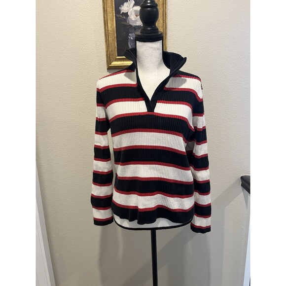 POLO RALPH LAUREN Navy/Red/White Striped Logo 1/4 Zip Pullover Jumper, Size XL - Picture 1 of 6